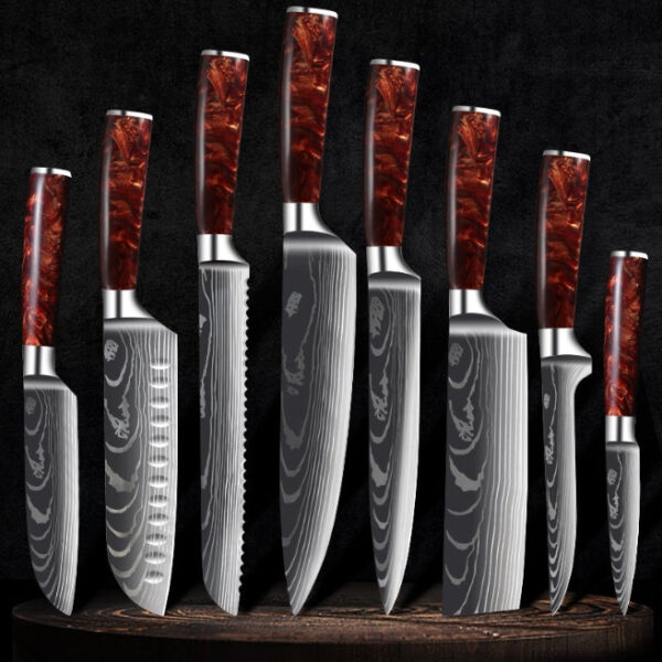 Damaskus Mønstret Knivsæt 8 Knive Rød Fra Kitchen Gadget Danmark